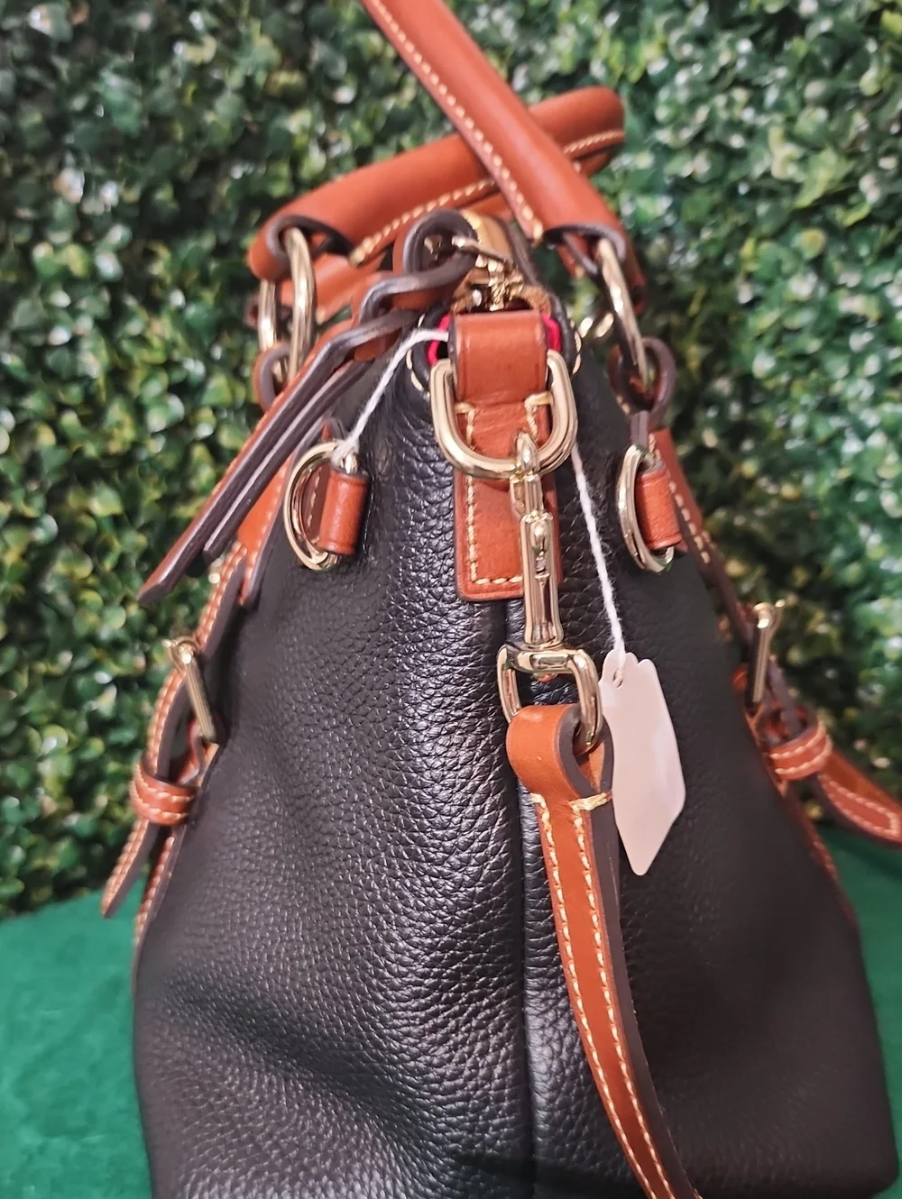 Dooney & Bourke Black Pebble Leather Satchel with Brown Trim